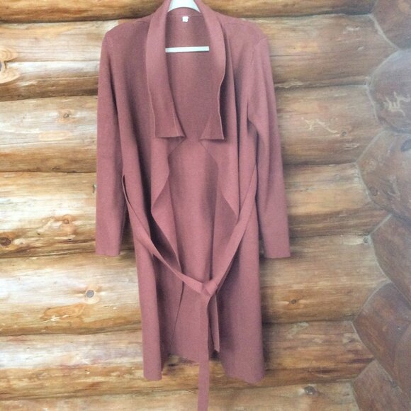Terra Cotta Long Sleeve Waist Tie Boho Long Duster Sweater w/Pockets Size Medium - Picture 1 of 5